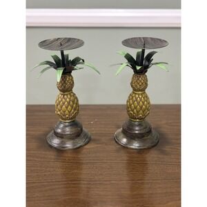 Pair Of Stacked Pineapple Pillar Candle Holders Tropical Beach Decor